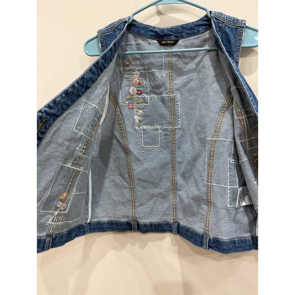 99% Cotton Womens Denim Patchwork Embroidered Floral Boho Vest Blue Large L - Picture 5 of 5